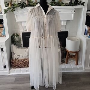 Deulah Romantic Beige Sheer Tiered  Ballon Short Sleeve Button Up Dress/top Size